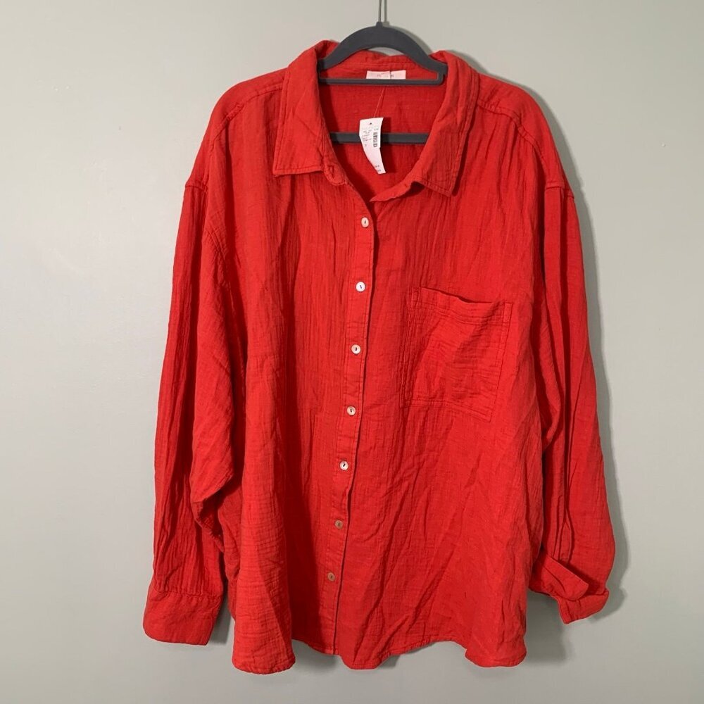 NEW Maurices Button Down Shirt Women 3X Red Cotton Gauze Long Sleeve Pocket Top